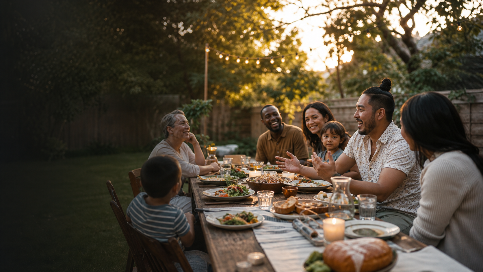 Friends and families sharing a meal together outdoors